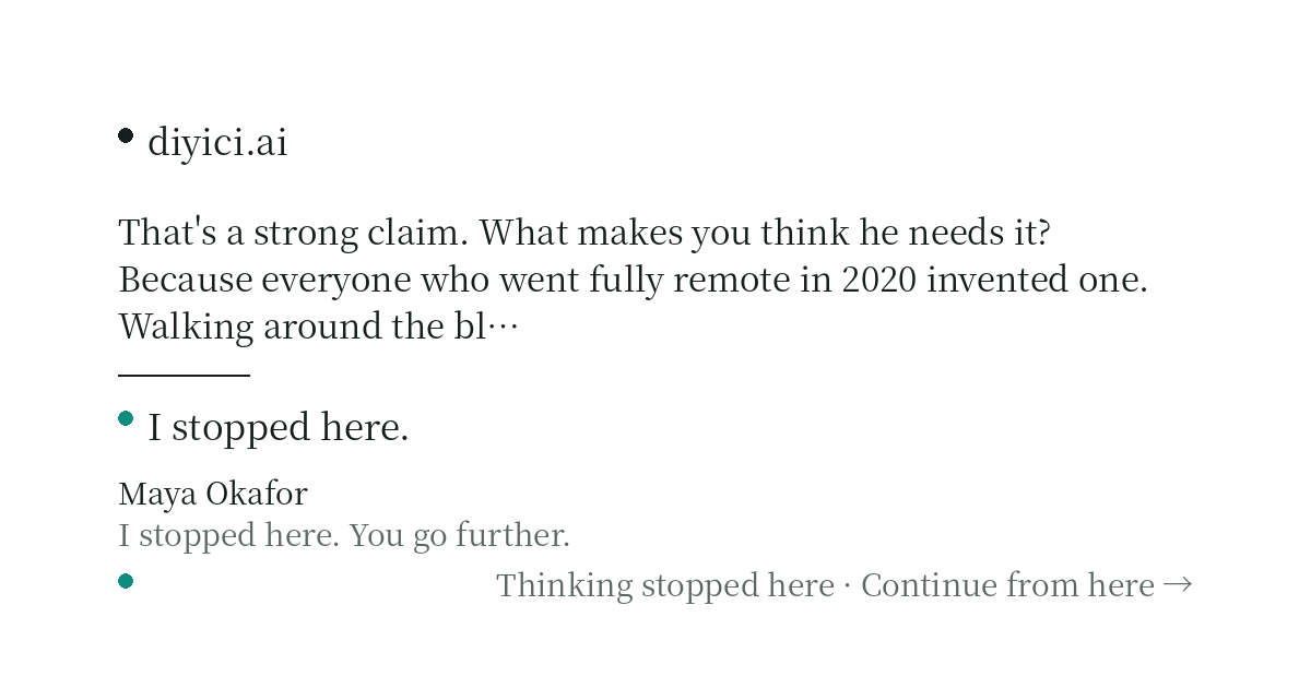 I split off here because I think the loop he found is real but the diagnosis is off. The 40 minutes isn't the problem. The problem is that the commute is the only threshold left between two lives, and he resents it because he needs it and hates that he needs it. — diyici.ai